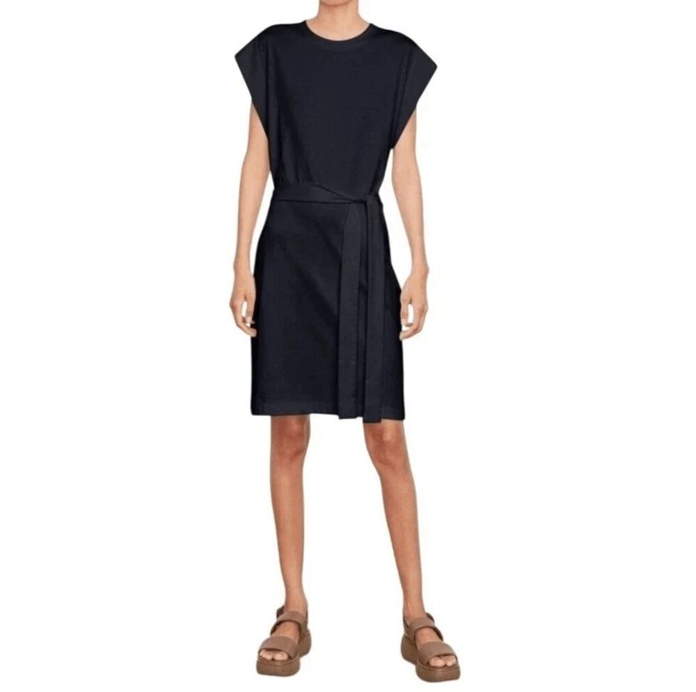 Vince $245 Tie Waist Muscle Dress Crewneck Cotton Blend Womens Medium Navy NEW